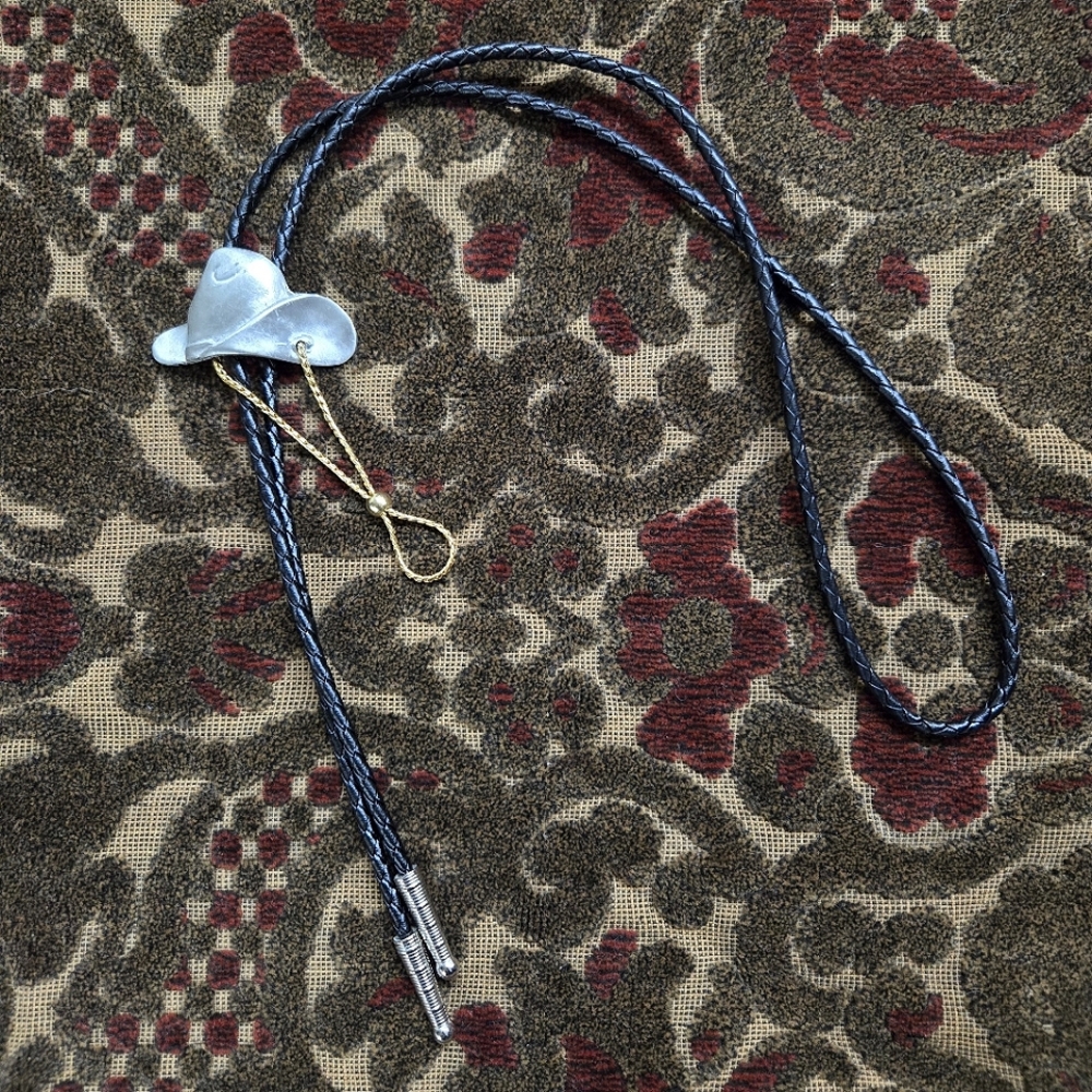 Vintage Bolo Tie Cowboy Hat Cowgirl Western Necklace Accessory Silver Gold Retro